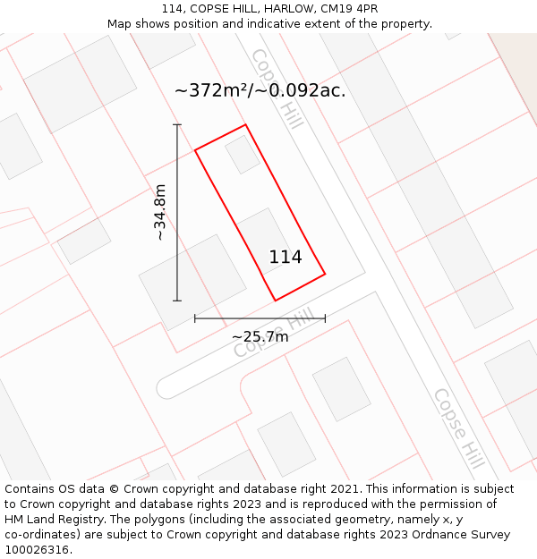 114, COPSE HILL, HARLOW, CM19 4PR: Plot and title map