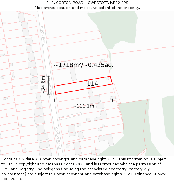114, CORTON ROAD, LOWESTOFT, NR32 4PS: Plot and title map