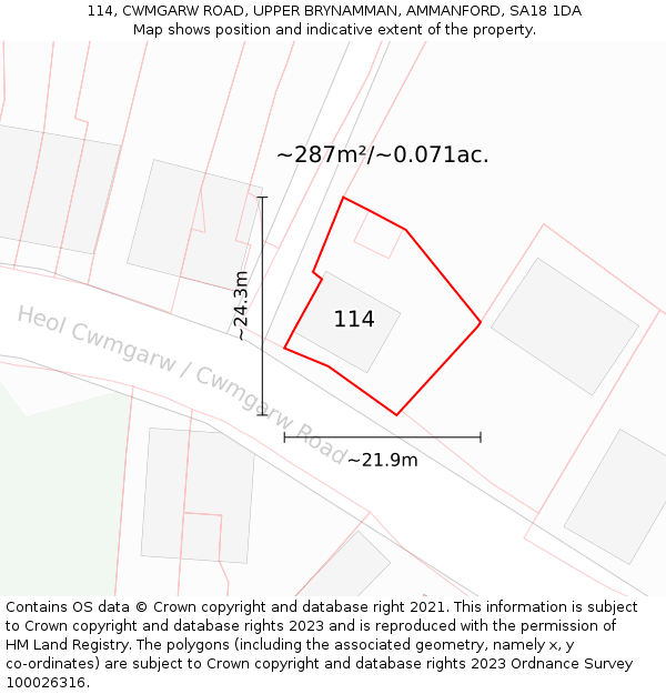114, CWMGARW ROAD, UPPER BRYNAMMAN, AMMANFORD, SA18 1DA: Plot and title map
