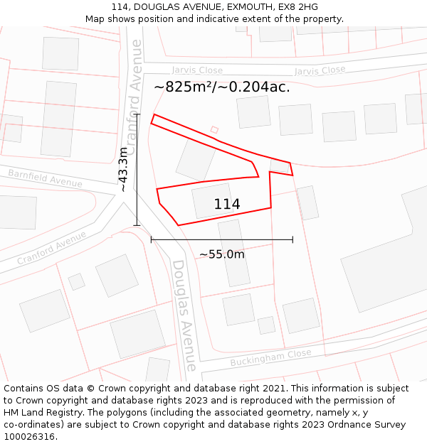 114, DOUGLAS AVENUE, EXMOUTH, EX8 2HG: Plot and title map