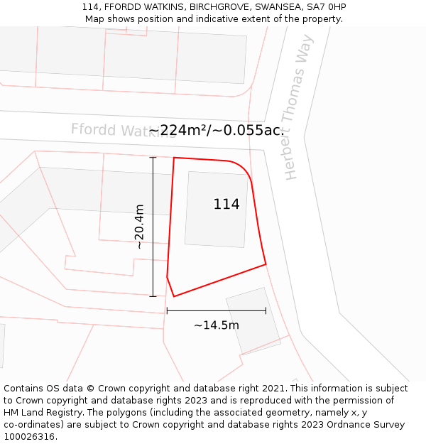 114, FFORDD WATKINS, BIRCHGROVE, SWANSEA, SA7 0HP: Plot and title map