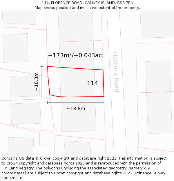 114, FLORENCE ROAD, CANVEY ISLAND, SS8 7EN: Plot and title map