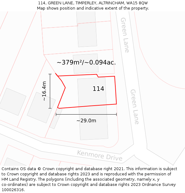 114, GREEN LANE, TIMPERLEY, ALTRINCHAM, WA15 8QW: Plot and title map