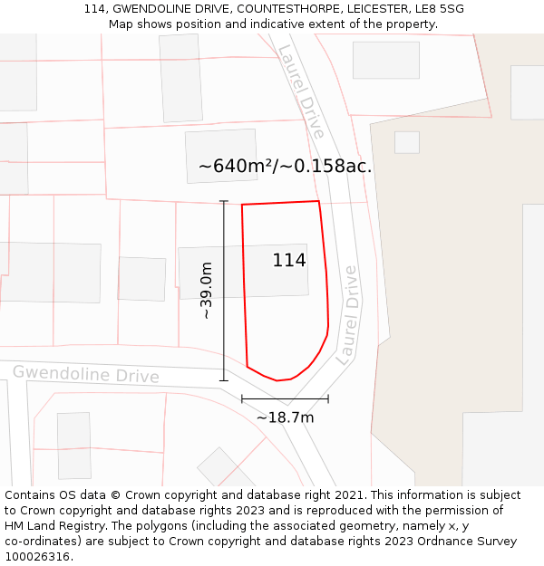 114, GWENDOLINE DRIVE, COUNTESTHORPE, LEICESTER, LE8 5SG: Plot and title map