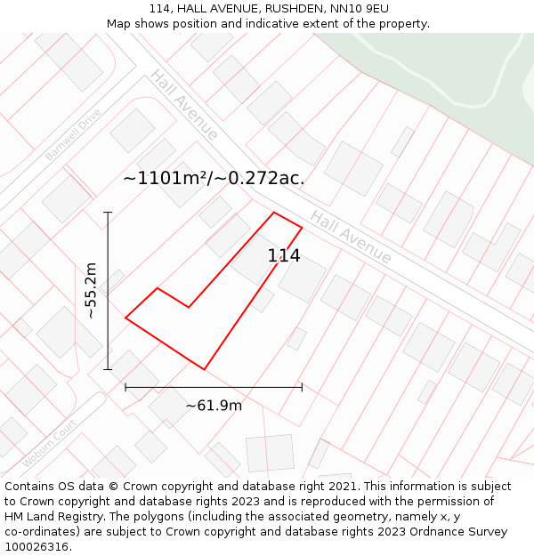 114, HALL AVENUE, RUSHDEN, NN10 9EU: Plot and title map