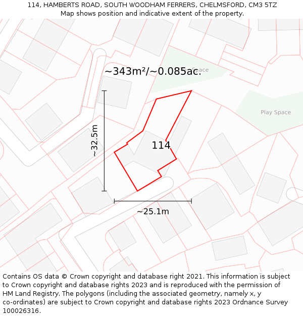 114, HAMBERTS ROAD, SOUTH WOODHAM FERRERS, CHELMSFORD, CM3 5TZ: Plot and title map
