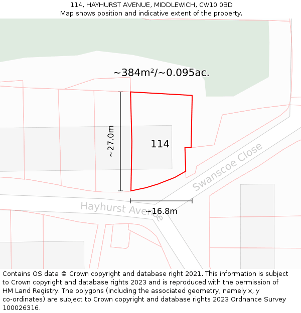 114, HAYHURST AVENUE, MIDDLEWICH, CW10 0BD: Plot and title map