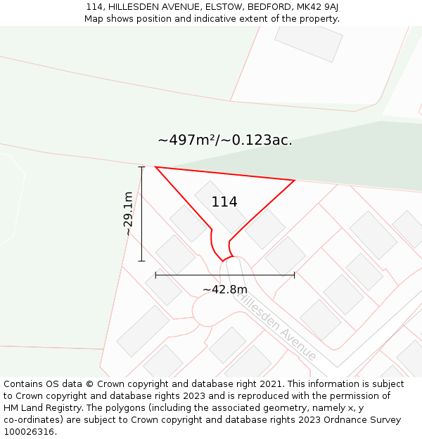 114, HILLESDEN AVENUE, ELSTOW, BEDFORD, MK42 9AJ: Plot and title map