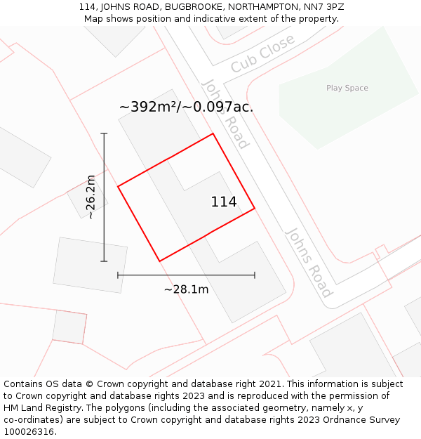 114, JOHNS ROAD, BUGBROOKE, NORTHAMPTON, NN7 3PZ: Plot and title map