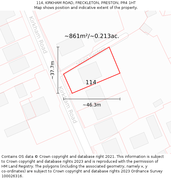 114, KIRKHAM ROAD, FRECKLETON, PRESTON, PR4 1HT: Plot and title map