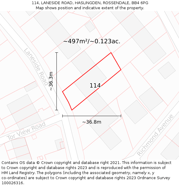 114, LANESIDE ROAD, HASLINGDEN, ROSSENDALE, BB4 6PG: Plot and title map