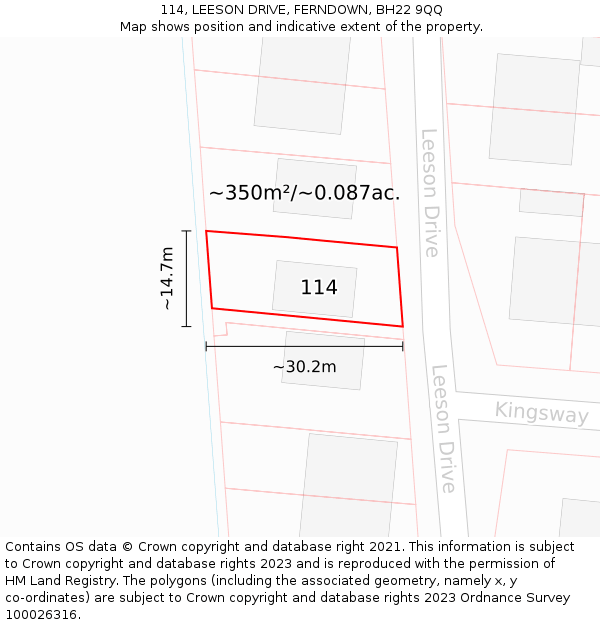 114, LEESON DRIVE, FERNDOWN, BH22 9QQ: Plot and title map