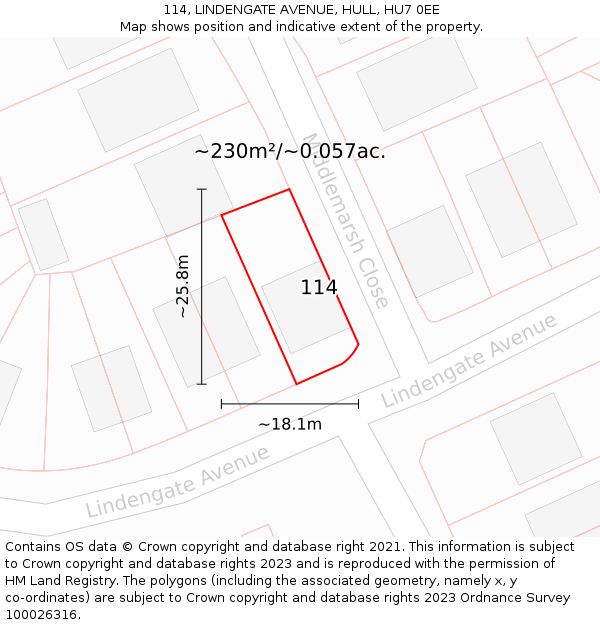 114, LINDENGATE AVENUE, HULL, HU7 0EE: Plot and title map