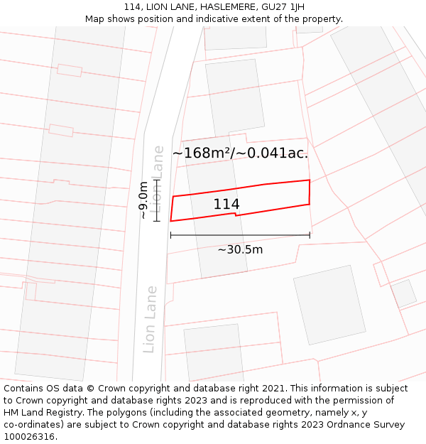 114, LION LANE, HASLEMERE, GU27 1JH: Plot and title map