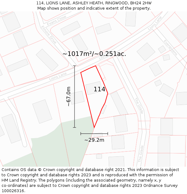 114, LIONS LANE, ASHLEY HEATH, RINGWOOD, BH24 2HW: Plot and title map