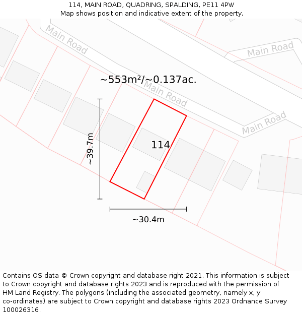 114, MAIN ROAD, QUADRING, SPALDING, PE11 4PW: Plot and title map