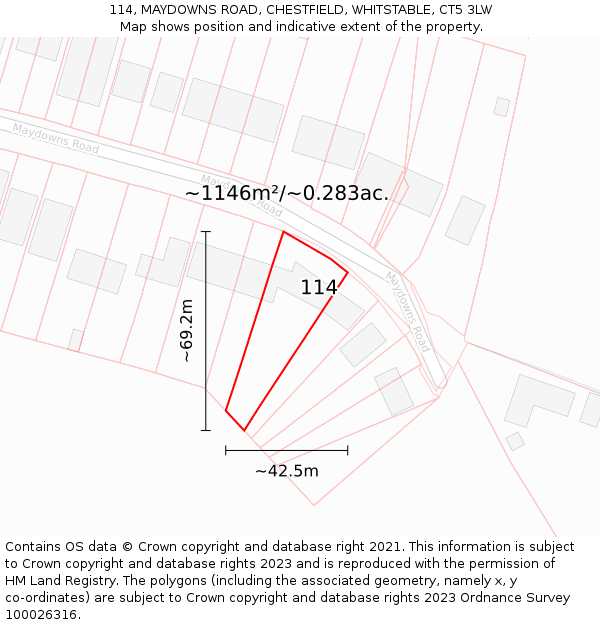 114, MAYDOWNS ROAD, CHESTFIELD, WHITSTABLE, CT5 3LW: Plot and title map