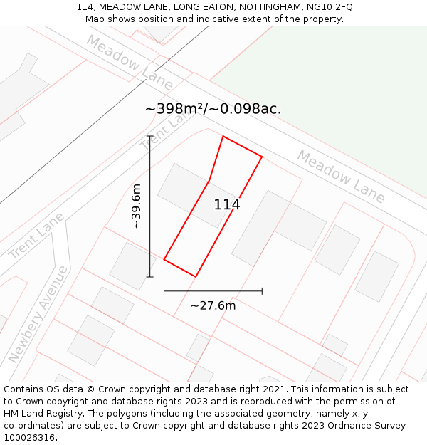 114, MEADOW LANE, LONG EATON, NOTTINGHAM, NG10 2FQ: Plot and title map