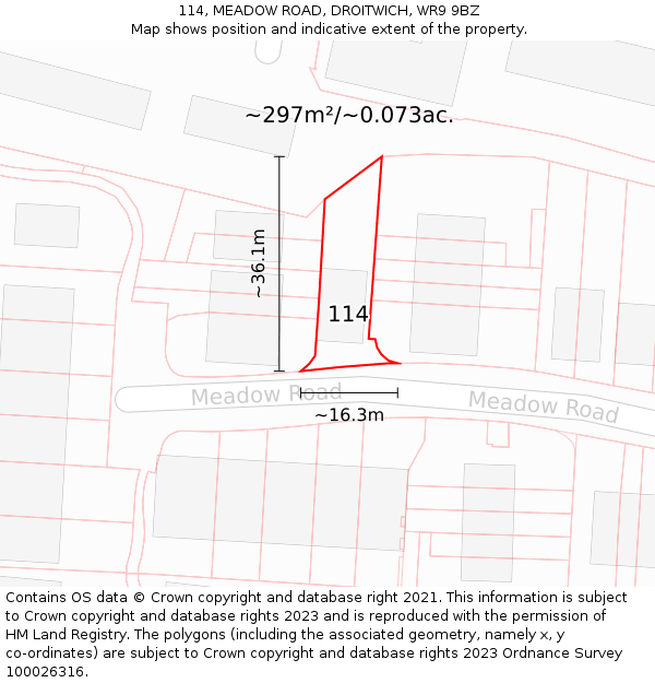 114, MEADOW ROAD, DROITWICH, WR9 9BZ: Plot and title map