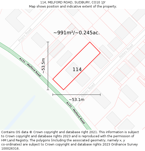 114, MELFORD ROAD, SUDBURY, CO10 1JY: Plot and title map