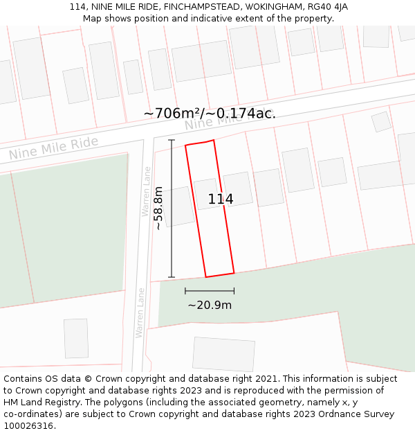 114, NINE MILE RIDE, FINCHAMPSTEAD, WOKINGHAM, RG40 4JA: Plot and title map
