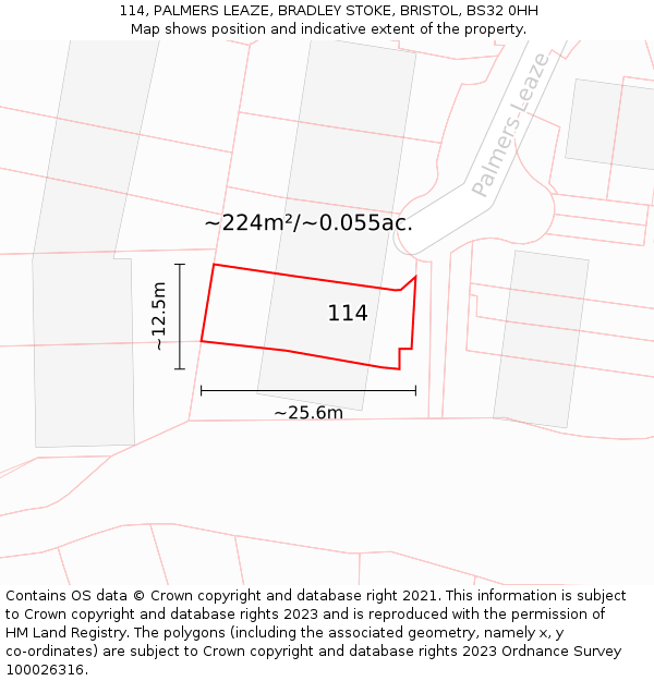 114, PALMERS LEAZE, BRADLEY STOKE, BRISTOL, BS32 0HH: Plot and title map