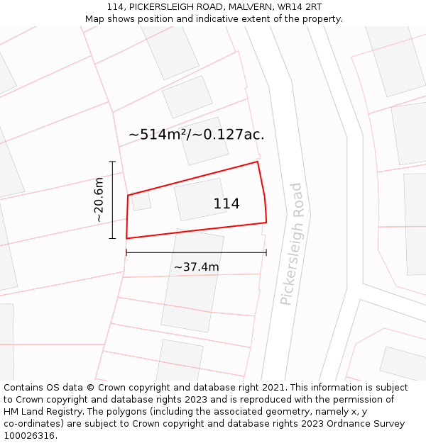 114, PICKERSLEIGH ROAD, MALVERN, WR14 2RT: Plot and title map