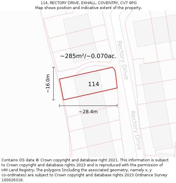 114, RECTORY DRIVE, EXHALL, COVENTRY, CV7 9PG: Plot and title map