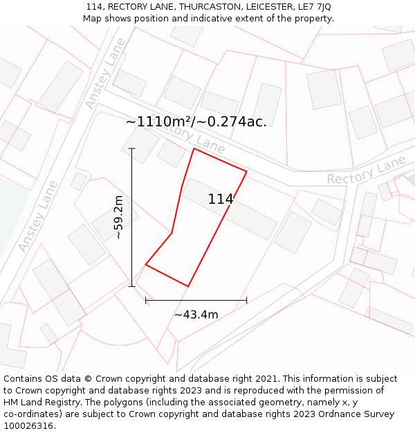 114, RECTORY LANE, THURCASTON, LEICESTER, LE7 7JQ: Plot and title map