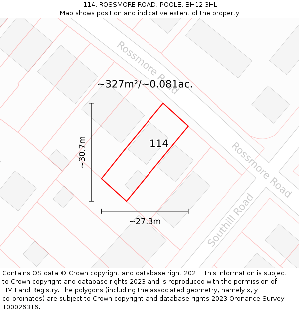 114, ROSSMORE ROAD, POOLE, BH12 3HL: Plot and title map