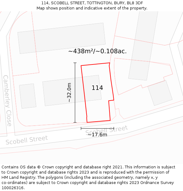 114, SCOBELL STREET, TOTTINGTON, BURY, BL8 3DF: Plot and title map