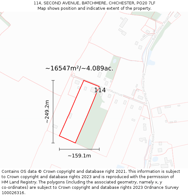114, SECOND AVENUE, BATCHMERE, CHICHESTER, PO20 7LF: Plot and title map