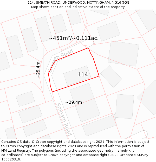 114, SMEATH ROAD, UNDERWOOD, NOTTINGHAM, NG16 5GG: Plot and title map