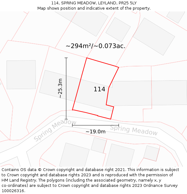 114, SPRING MEADOW, LEYLAND, PR25 5LY: Plot and title map