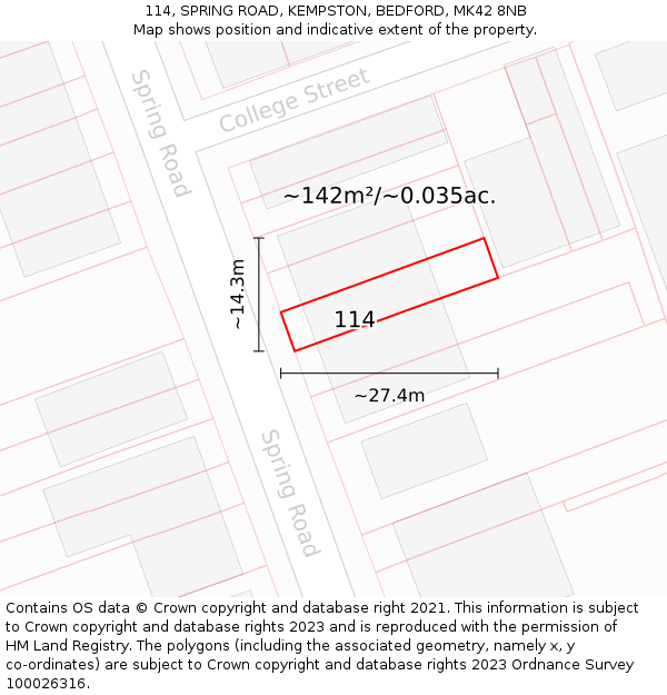 114, SPRING ROAD, KEMPSTON, BEDFORD, MK42 8NB: Plot and title map