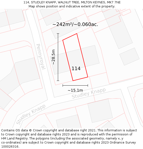 114, STUDLEY KNAPP, WALNUT TREE, MILTON KEYNES, MK7 7NE: Plot and title map