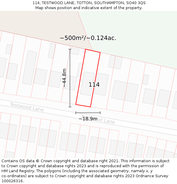 114, TESTWOOD LANE, TOTTON, SOUTHAMPTON, SO40 3QS: Plot and title map