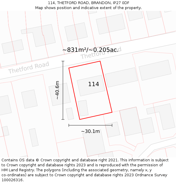 114, THETFORD ROAD, BRANDON, IP27 0DF: Plot and title map