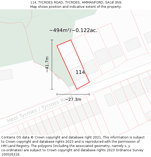 114, TYCROES ROAD, TYCROES, AMMANFORD, SA18 3NS: Plot and title map
