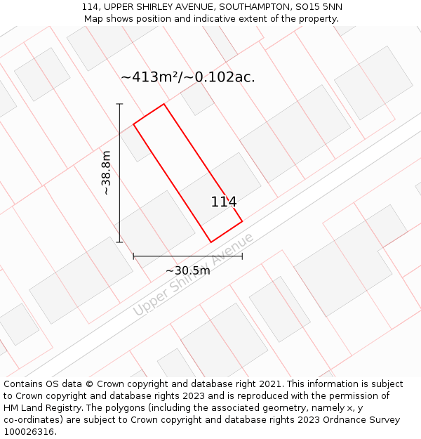 114, UPPER SHIRLEY AVENUE, SOUTHAMPTON, SO15 5NN: Plot and title map