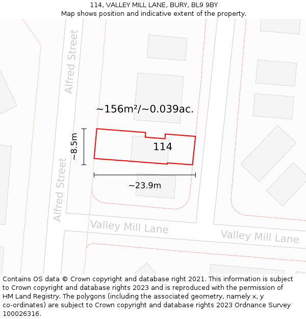 114, VALLEY MILL LANE, BURY, BL9 9BY: Plot and title map
