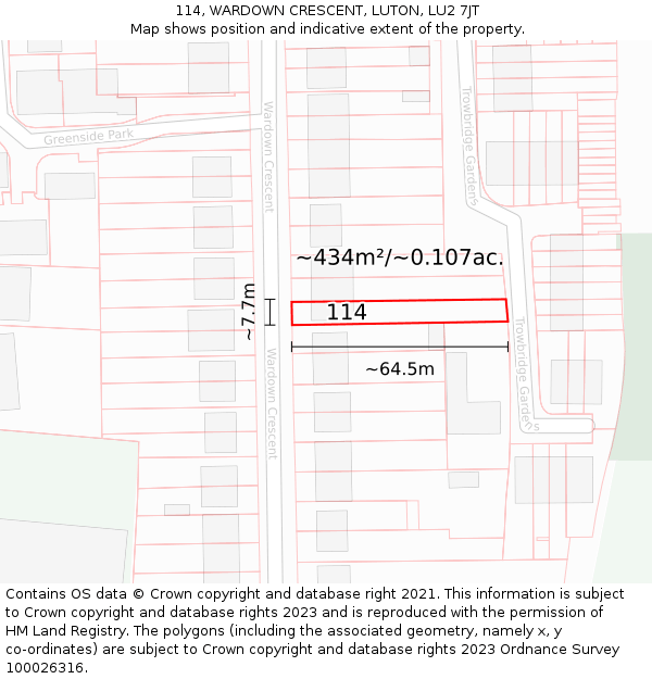 114, WARDOWN CRESCENT, LUTON, LU2 7JT: Plot and title map