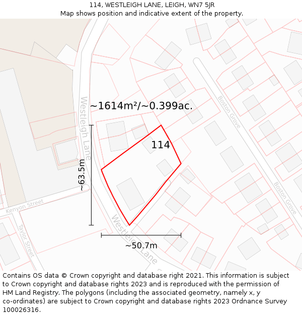 114, WESTLEIGH LANE, LEIGH, WN7 5JR: Plot and title map