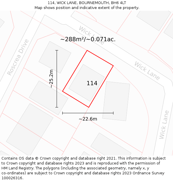 114, WICK LANE, BOURNEMOUTH, BH6 4LT: Plot and title map
