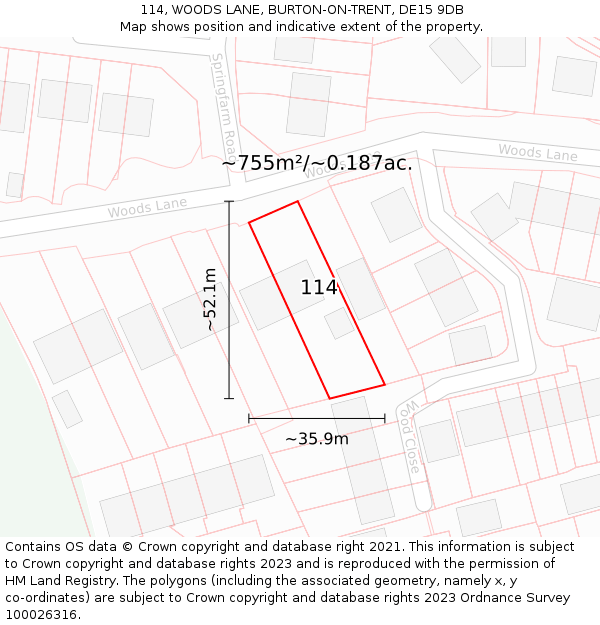 114, WOODS LANE, BURTON-ON-TRENT, DE15 9DB: Plot and title map