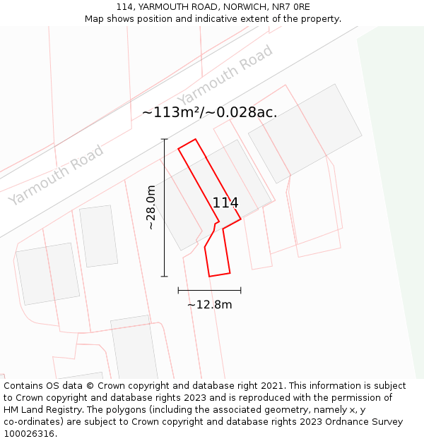 114, YARMOUTH ROAD, NORWICH, NR7 0RE: Plot and title map