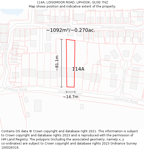 114A, LONGMOOR ROAD, LIPHOOK, GU30 7NZ: Plot and title map