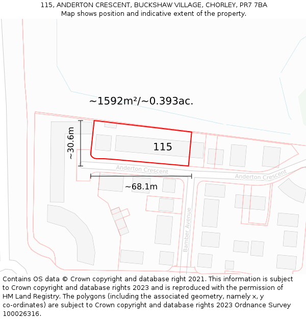 115, ANDERTON CRESCENT, BUCKSHAW VILLAGE, CHORLEY, PR7 7BA: Plot and title map