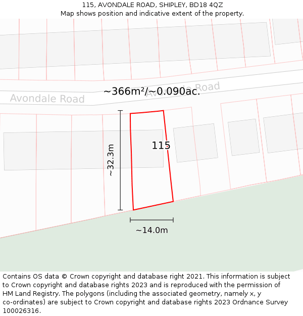 115, AVONDALE ROAD, SHIPLEY, BD18 4QZ: Plot and title map