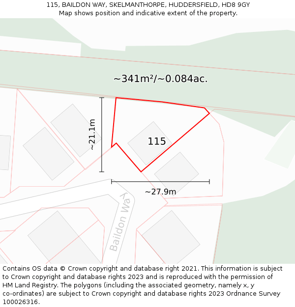 115, BAILDON WAY, SKELMANTHORPE, HUDDERSFIELD, HD8 9GY: Plot and title map